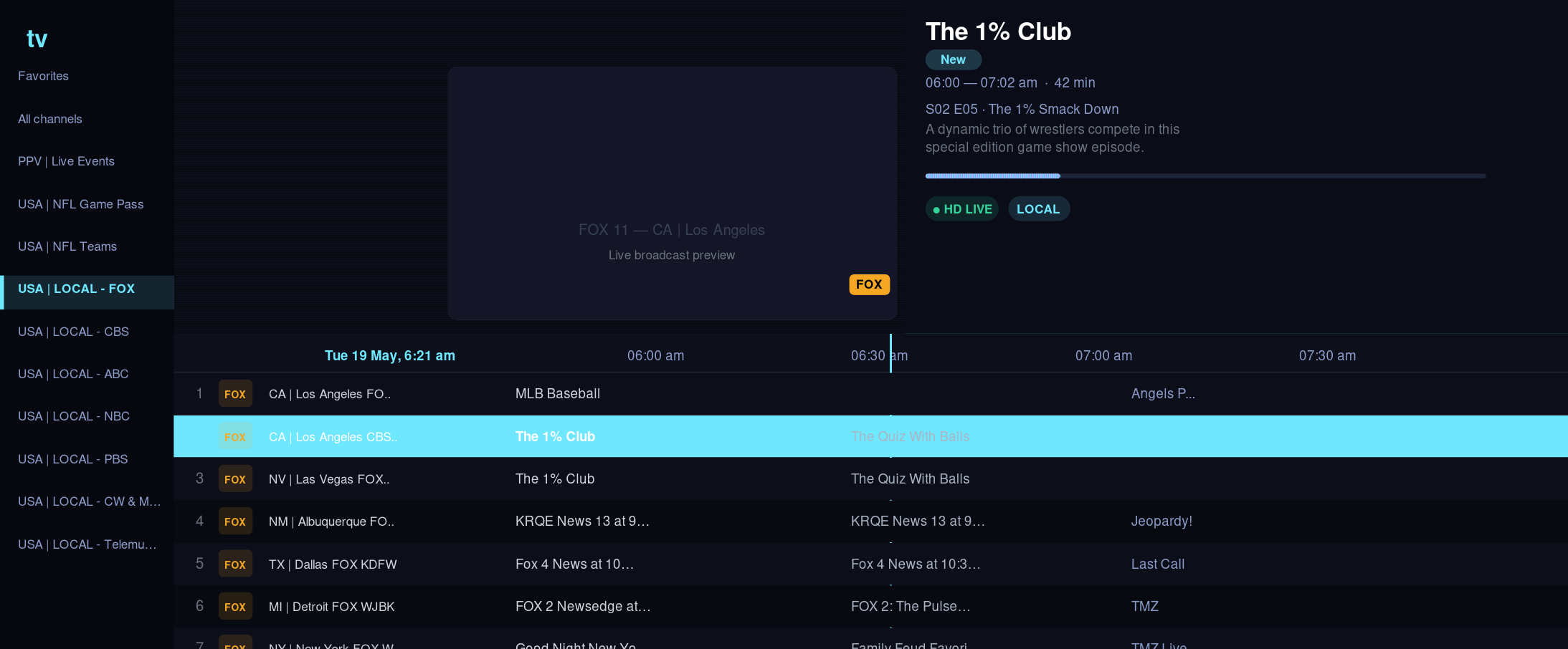 BexyTV app preview showing USA local channels in the live TV guide