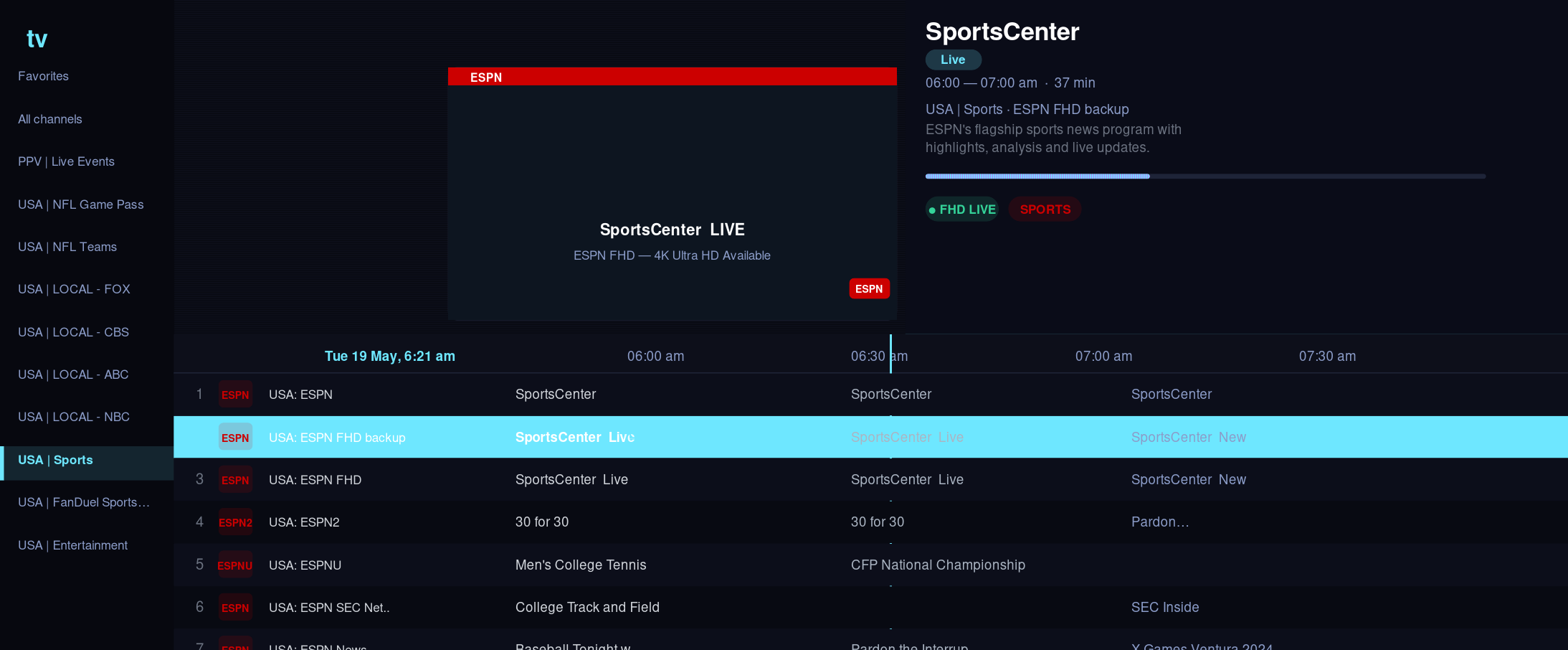 BexyTV sports channels for NFL season and live football