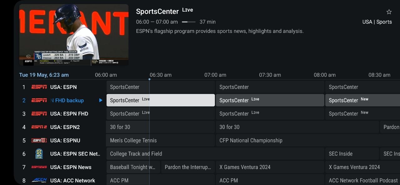 Sports listings in the BexyTV electronic program guide