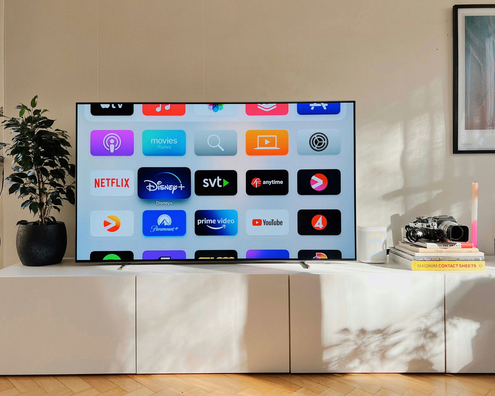 Cozy living room with a large smart TV streaming content
