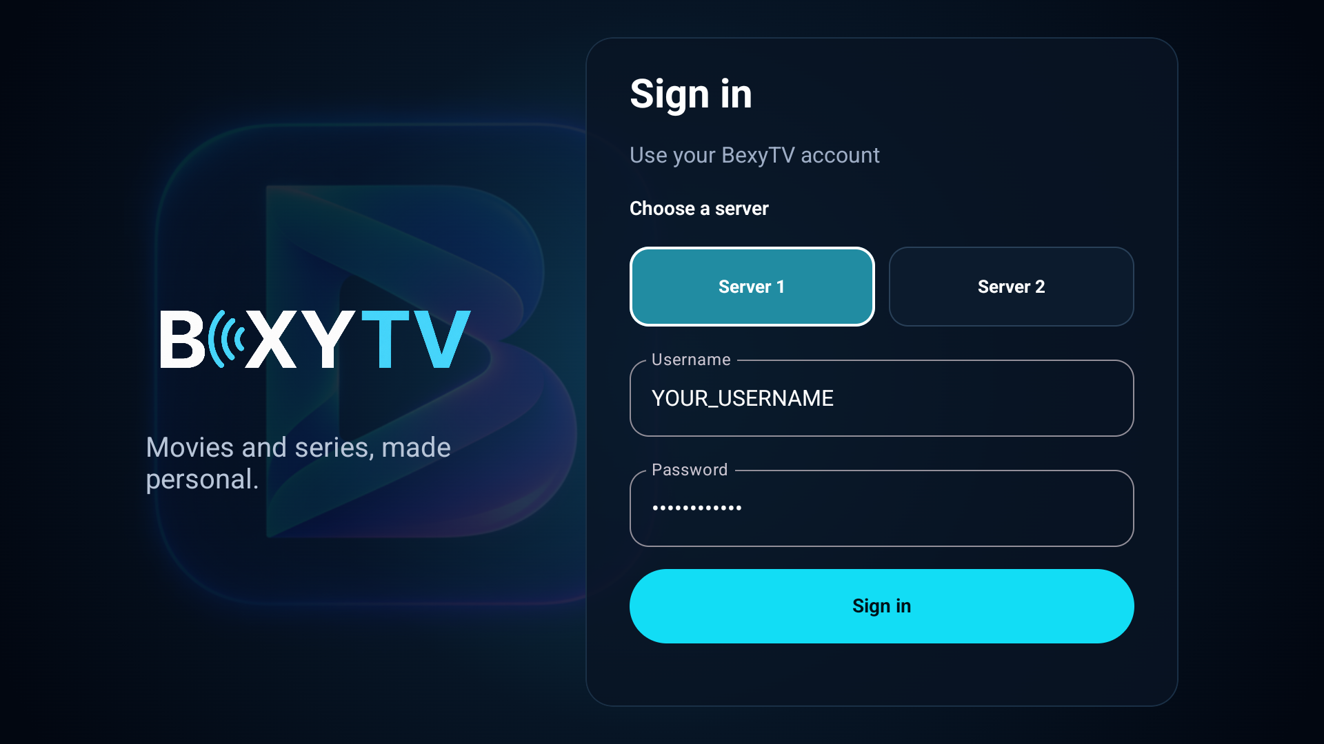 Enter your service username and password. The values shown are examples only.