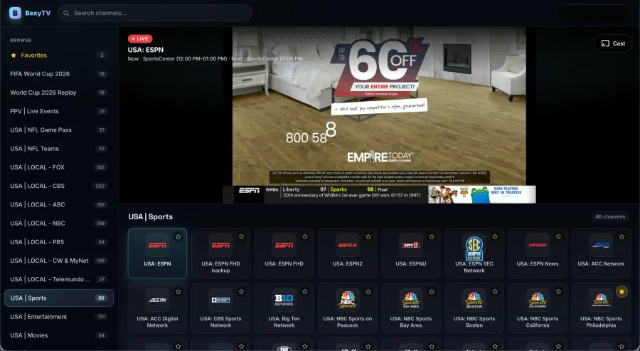 BexyTV modern IPTV web player preview