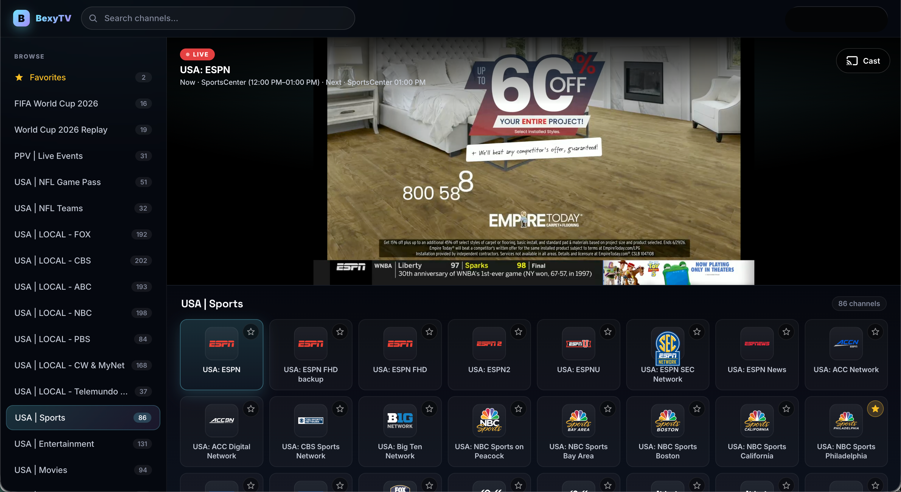BexyTV web player showing channel search, sports channels and cast support